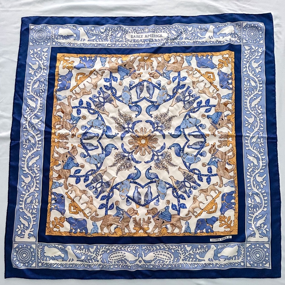 Hermès “Early America” Silk Scarf – Hand Rolled Edges – Vintage 35”